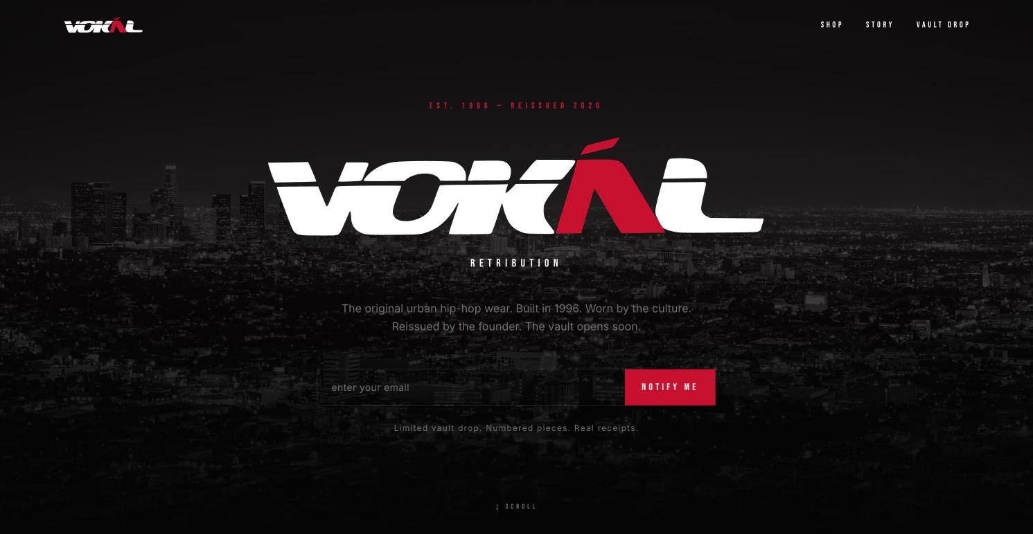 Homepage of the VOKAL Retribution streetwear store